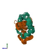 PDB entry 1kbh coloured by chain, ensemble of 20 models, side view.