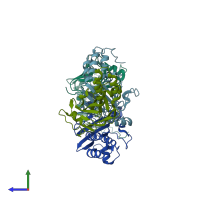 PDB entry 1khu coloured by chain, side view.