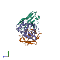 PDB entry 1kip coloured by chain, side view.
