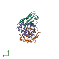 PDB entry 1kiq coloured by chain, side view.