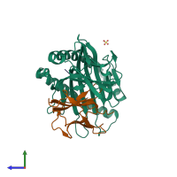 PDB entry 1kjm coloured by chain, side view.