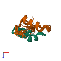 PDB entry 1kmf coloured by chain, ensemble of 15 models, top view.