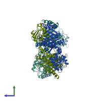 PDB entry 1kmm coloured by chain, side view.