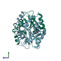 PDB entry 1ko8 coloured by chain, side view.