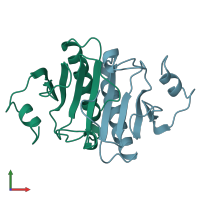 PDB entry 1kpb coloured by chain, front view.