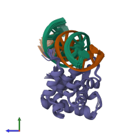 PDB entry 1kqq coloured by chain, ensemble of 20 models, side view.