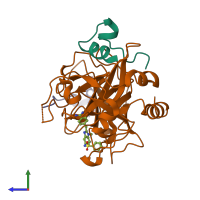 PDB entry 1ktt coloured by chain, side view.