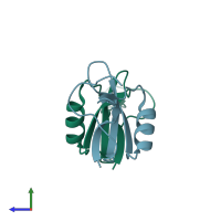PDB entry 1kv0 coloured by chain, side view.