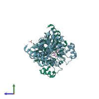 PDB entry 1kvm coloured by chain, side view.