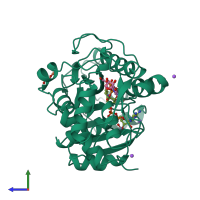 PDB entry 1kvu coloured by chain, side view.