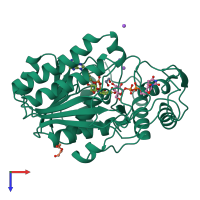 PDB entry 1kvu coloured by chain, top view.