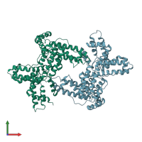 PDB entry 1kw2 coloured by chain, front view.