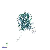 PDB entry 1kwp coloured by chain, side view.