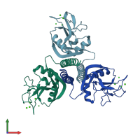 PDB entry 1kwt coloured by chain, front view.