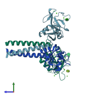 PDB entry 1kwu coloured by chain, side view.