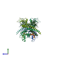 PDB entry 1kx1 coloured by chain, side view.