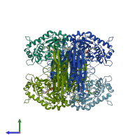 PDB entry 1la2 coloured by chain, side view.