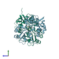 PDB entry 1lb8 coloured by chain, side view.