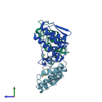 PDB entry 1le6 coloured by chain, side view.