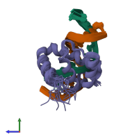 PDB entry 1lfu coloured by chain, ensemble of 20 models, side view.