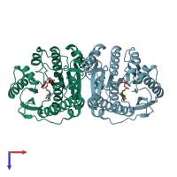 PDB entry 1lhr coloured by chain, top view.