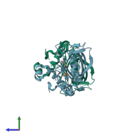 PDB entry 1lm4 coloured by chain, side view.