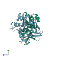 PDB entry 1lm5 coloured by chain, side view.