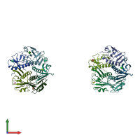 PDB entry 1lt6 coloured by chain, front view.