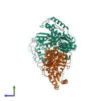 PDB entry 1lwf coloured by chain, side view.