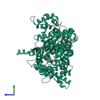 PDB entry 1lwn coloured by chain, side view.