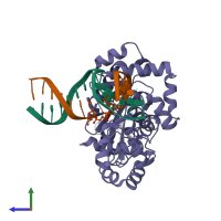 PDB entry 1lwy coloured by chain, side view.