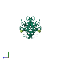 Homo dimeric assembly 1 of PDB entry 1lxi coloured by chemically distinct molecules, side view.