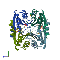 PDB entry 1lxn coloured by chain, side view.
