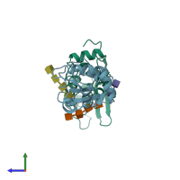 PDB entry 1lzs coloured by chain, side view.