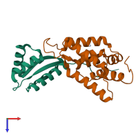 PDB entry 1lzw coloured by chain, top view.