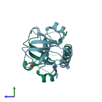 PDB entry 1m1f coloured by chain, side view.