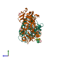 PDB entry 1m2t coloured by chain, side view.