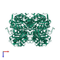 Homo tetrameric assembly 1 of PDB entry 1m5s coloured by chemically distinct molecules, top view.
