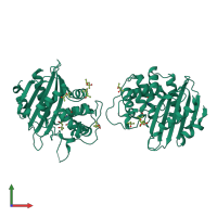 Homo dimeric assembly 1 of PDB entry 1m6k coloured by chemically distinct molecules, front view.