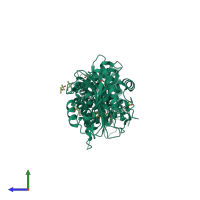 Homo dimeric assembly 1 of PDB entry 1m6k coloured by chemically distinct molecules, side view.