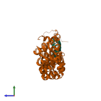 Hetero dimeric assembly 1 of PDB entry 1m8y coloured by chemically distinct molecules, side view.