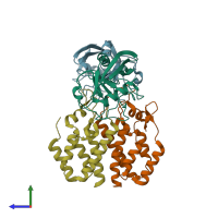 PDB entry 1m9f coloured by chain, side view.