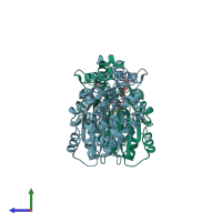 PDB entry 1mb4 coloured by chain, side view.