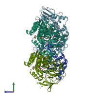 PDB entry 1mg0 coloured by chain, side view.