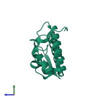 PDB entry 1mg6 coloured by chain, side view.