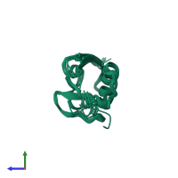 PDB entry 1mg8 coloured by chain, ensemble of 10 models, side view.