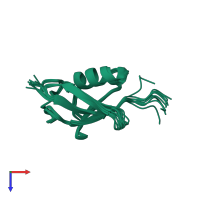 PDB entry 1mg8 coloured by chain, ensemble of 10 models, top view.