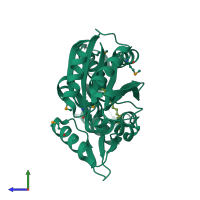 PDB entry 1mgp coloured by chain, side view.