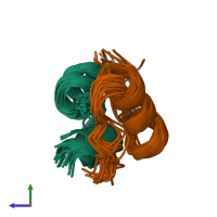 PDB entry 1mhj coloured by chain, ensemble of 20 models, side view.