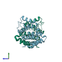 PDB entry 1mhq coloured by chain, side view.